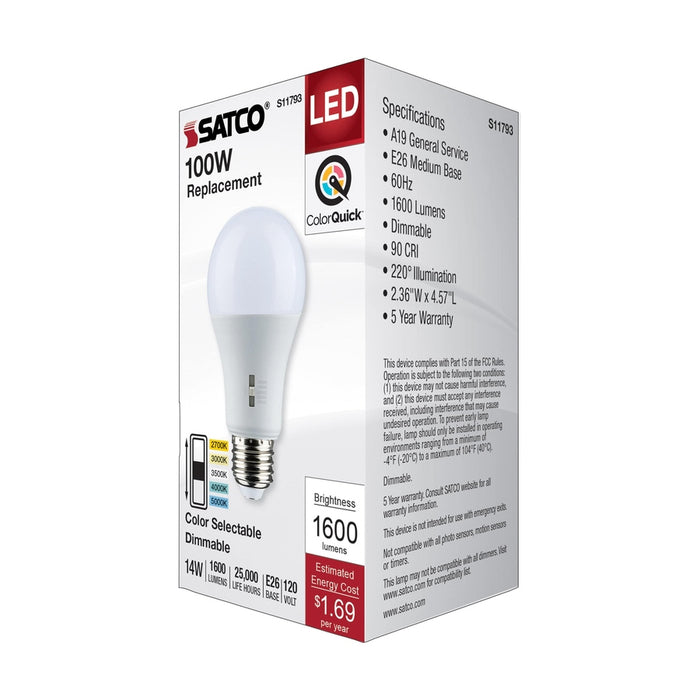 SATCO 14 Watt A19 LED - Medium Base - CCT Selectable - 120 Volt - White Finish S11793