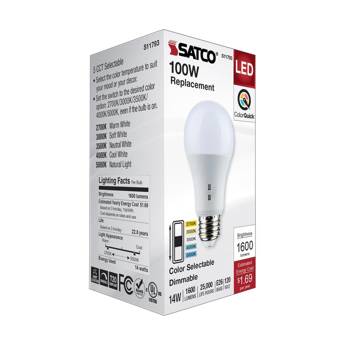 SATCO 14 Watt A19 LED - Medium Base - CCT Selectable - 120 Volt - White Finish S11793