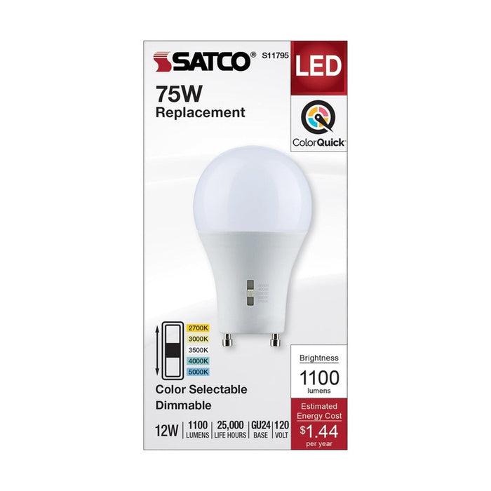 SATCO 12 Watt A19 LED - Bi Pin GU24 Base - CCT Selectable - 120 Volt - White Finish S11795