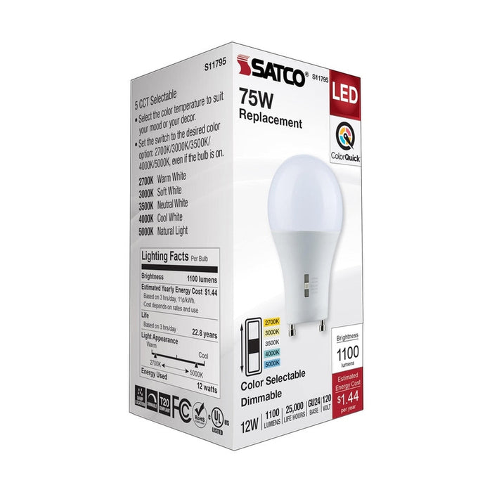 SATCO 12 Watt A19 LED - Bi Pin GU24 Base - CCT Selectable - 120 Volt - White Finish S11795