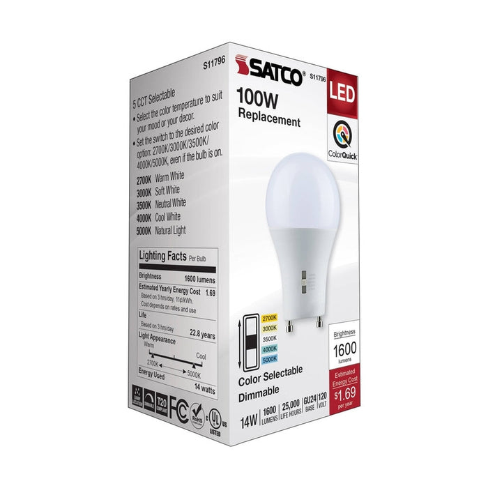 SATCO 14 Watt A19 LED - Bi Pin GU24 Base - CCT Selectable - 120 Volt - White Finish S11796