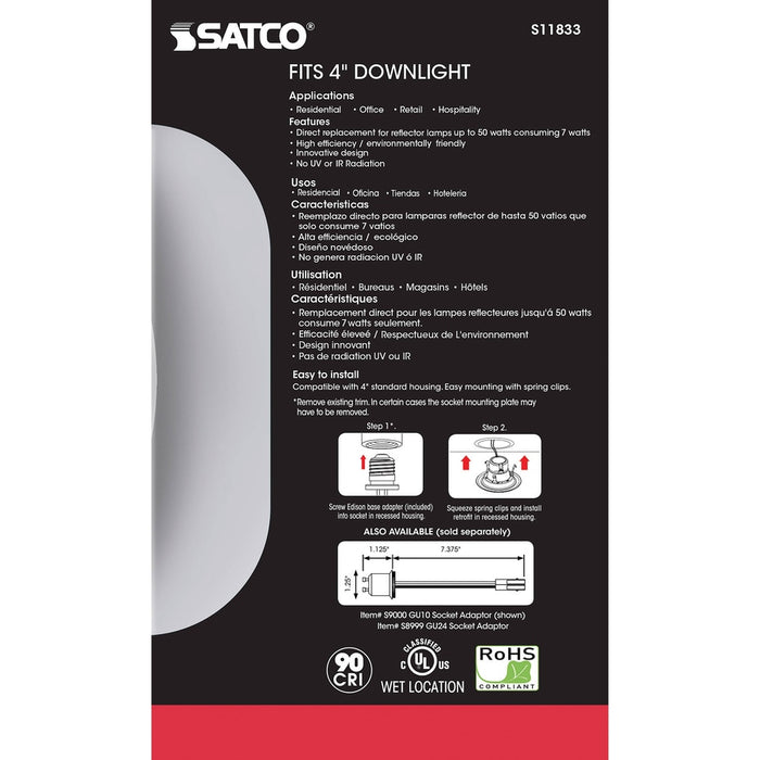 SATCO 7 Watt - LED Downlight Retrofit - 4 Inch - CCT Selectable - 120 volts - Dimmable - Brushed Nickel Finish S11833