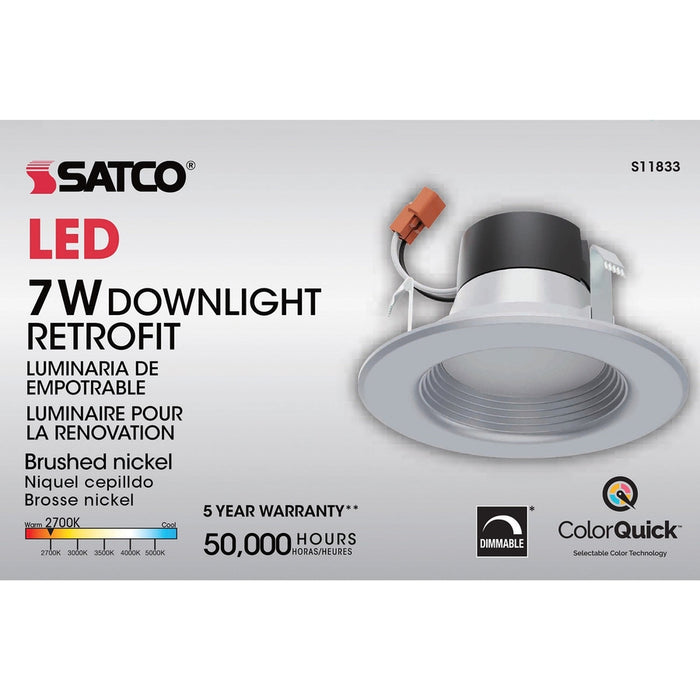 SATCO 7 Watt - LED Downlight Retrofit - 4 Inch - CCT Selectable - 120 volts - Dimmable - Brushed Nickel Finish S11833