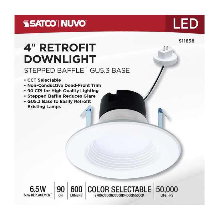 6.5 Watt LED Downlight Retrofit - 4 Inch Baffle - CCT Selectable - 12 Volts