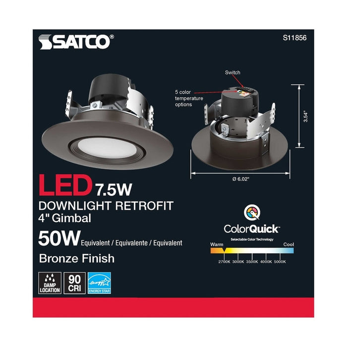 SATCO 7.5 Watt LED Directional Retrofit Downlight - Gimbaled - 4 in. - Adjustable Color Temperature - 60 deg. Beam Angle - 120 Volt