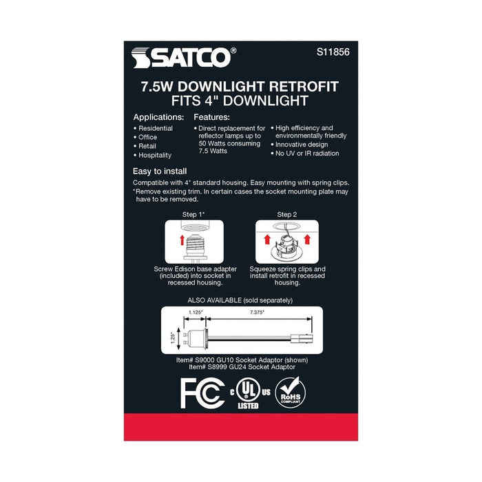 SATCO 7.5 Watt LED Directional Retrofit Downlight - Gimbaled - 4 in. - Adjustable Color Temperature - 60 deg. Beam Angle - 120 Volt