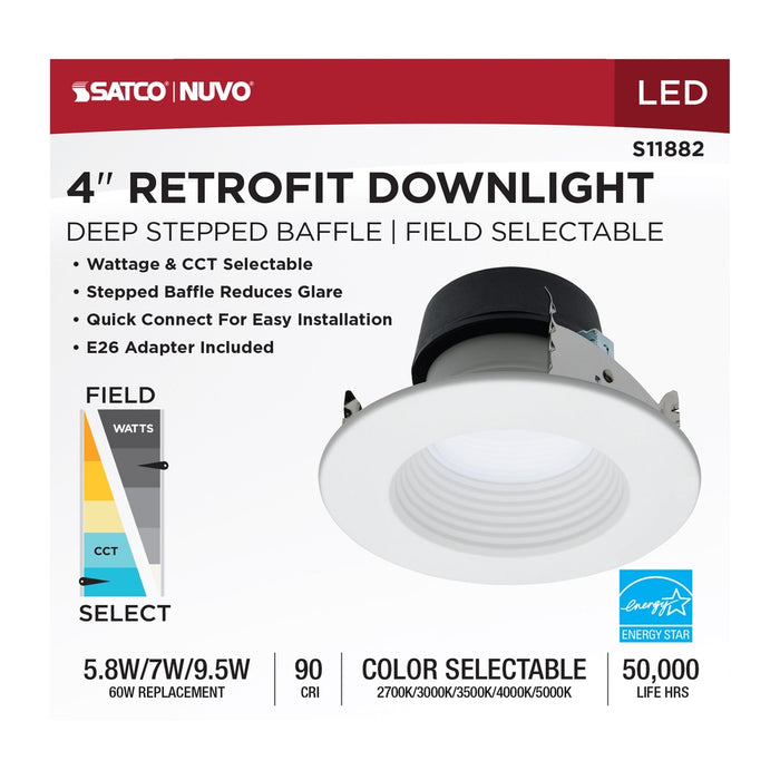 Field Selectable LED Downlight Retrofit - Deep Baffle - 5.8/7/9.5 Watts - 27K/30K/35K/40K/50K CCT - 4 Inch - Round Shape