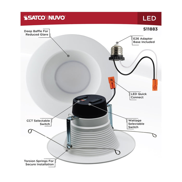 Field Selectable LED Downlight Retrofit - Deep Baffle - 8/10.5/13.5 Watts - 27K/30K/35K/40K/50K CCT - 5-6 Inch - Round Shape