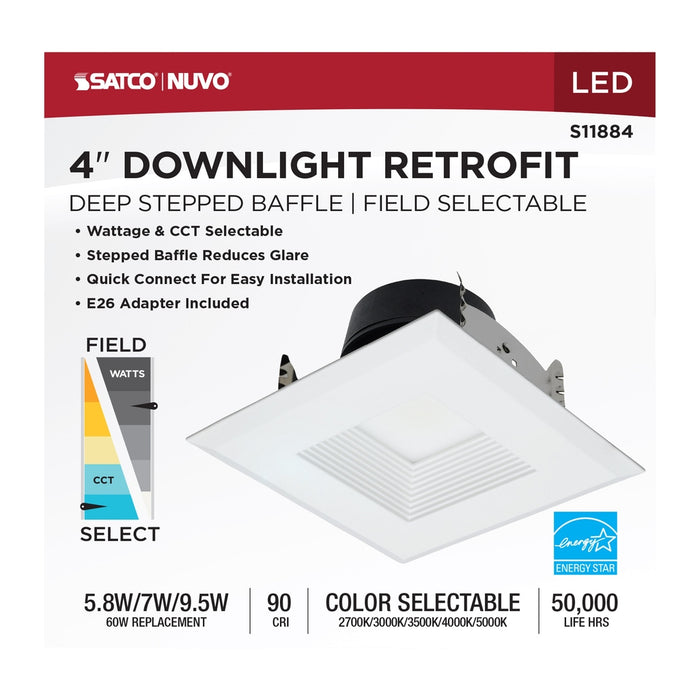 Field Selectable LED Downlight Retrofit - Deep Baffle - 5.8/7/9.5 Watts - 27K/30K/35K/40K/50K CCT - 4 Inch - Square Shape