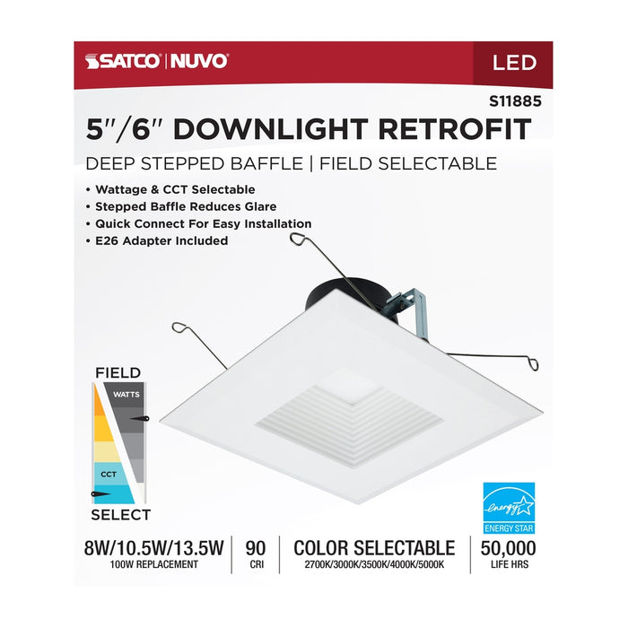 Field Selectable LED Downlight Retrofit - Deep Baffle - 8/10.5/13.5 Watts - 27K/30K/35K/40K/50K CCT - 5-6 Inch - Square Shape