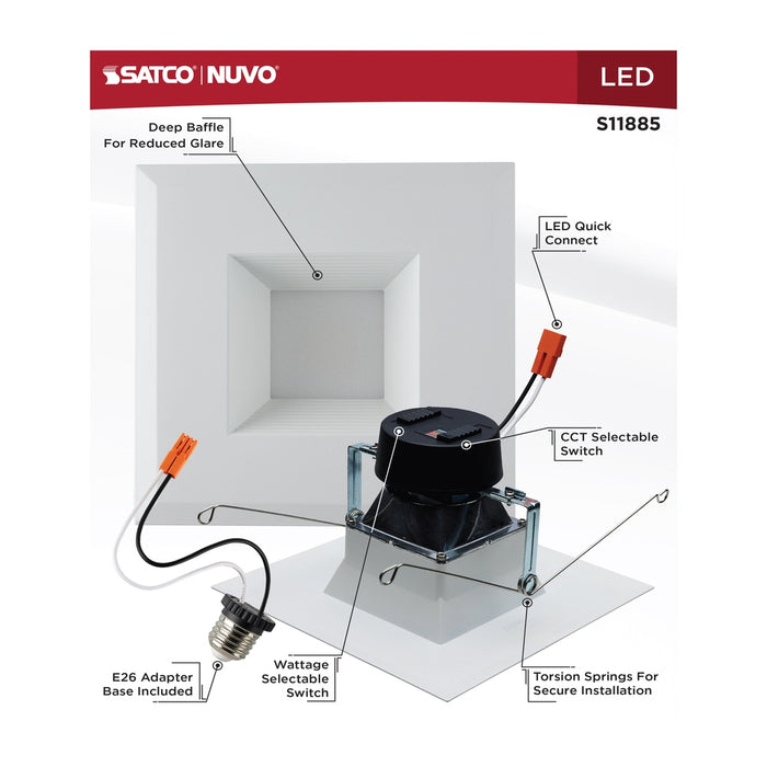 Field Selectable LED Downlight Retrofit - Deep Baffle - 8/10.5/13.5 Watts - 27K/30K/35K/40K/50K CCT - 5-6 Inch - Square Shape