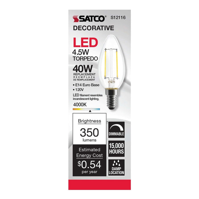 SATCO 4.5 Watt - B11 LED - Clear - 350 Lumens - 4000K - European base - 120 Volt S12116