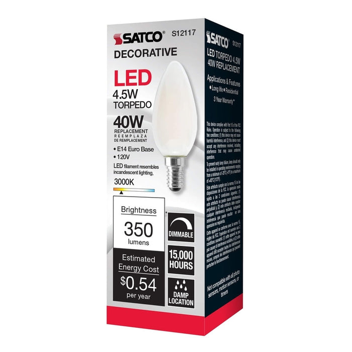 SATCO 4.5 Watt - B11 LED - Frosted - 350 Lumens - 3000K - European base - 120 Volt S12117