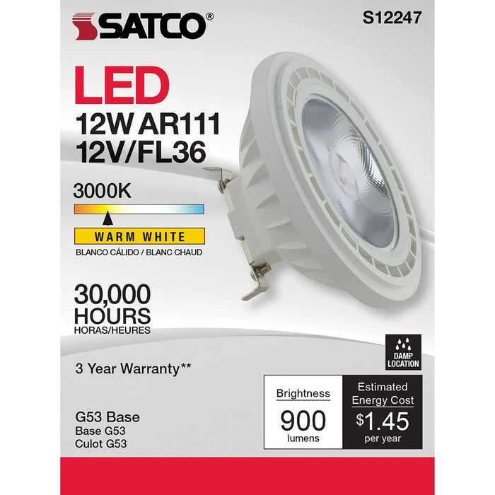 SATCO 12 Watt - AR111 - COB LED - 900 Lumens - G53 Base - 80 CRI - 3000K - 12 Volt - 36 Degree - Floodlight Bulb S12247