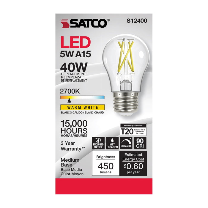 5 Watt LED A15 - Clear - Medium Base - 2700K - 90 CRI - 120 Volt -  6 Pack