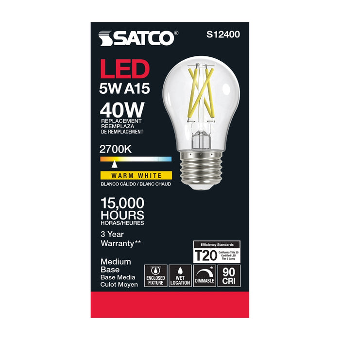 5 Watt LED A15 - Clear - Medium Base - 2700K - 90 CRI - 120 Volt -  6 Pack