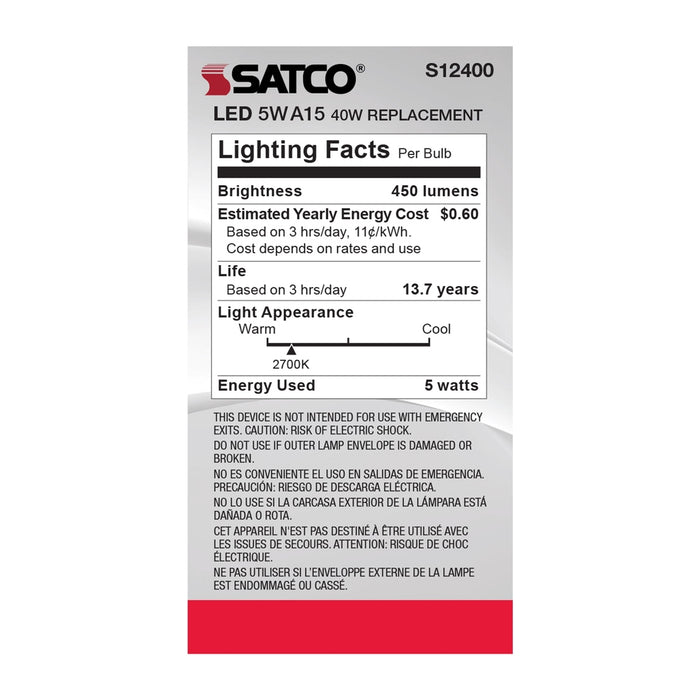 5 Watt LED A15 - Clear - Medium Base - 2700K - 90 CRI - 120 Volt -  6 Pack