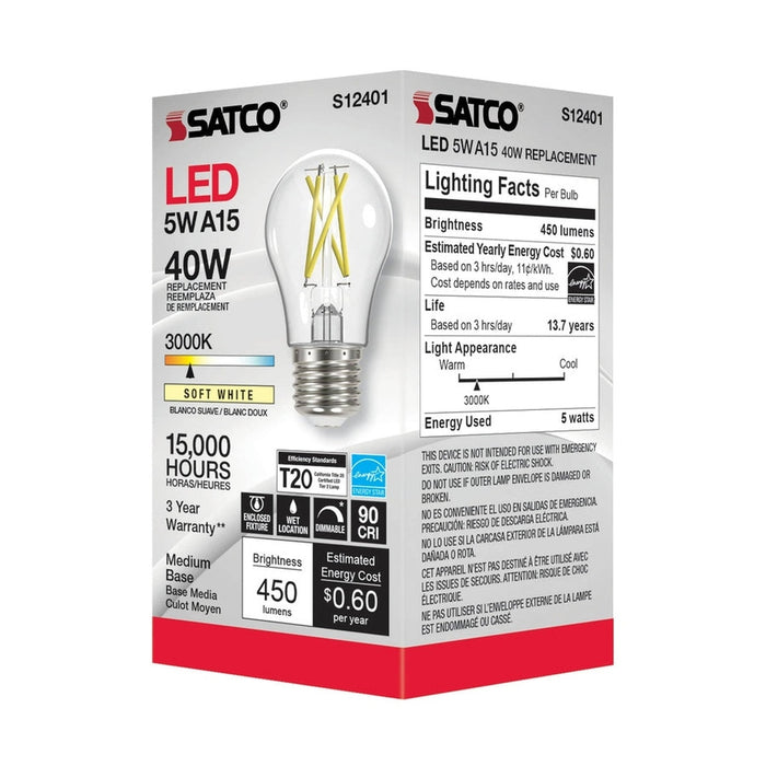 SATCO 5 Watt LED A15 - Clear - Medium Base - 3000K - 90 CRI - 120 Volt S12401