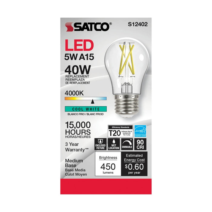 SATCO 5 Watt LED A15 - Clear - Medium Base - 4000K - 90 CRI - 120 Volt S12402