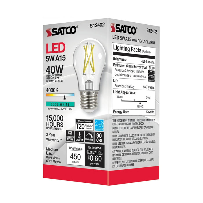 SATCO 5 Watt LED A15 - Clear - Medium Base - 4000K - 90 CRI - 120 Volt S12402