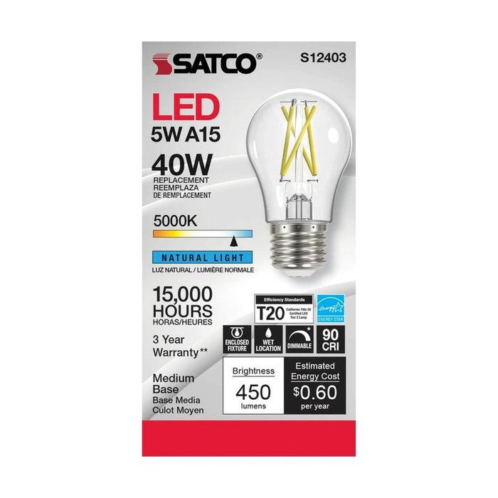 SATCO 5 Watt LED A15 - Clear - Medium Base - 5000K - 90 CRI - 120 Volt S12403