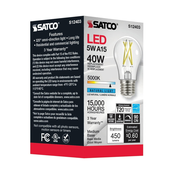 SATCO 5 Watt LED A15 - Clear - Medium Base - 5000K - 90 CRI - 120 Volt S12403