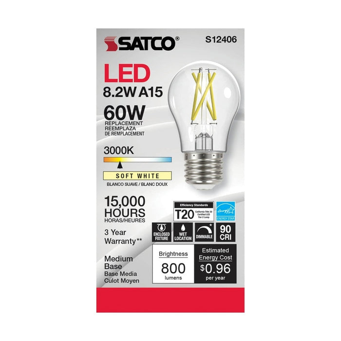 SATCO 8.2 Watt LED A15 - Clear - Medium Base - 3000K - 90 CRI - 120 Volt S12406