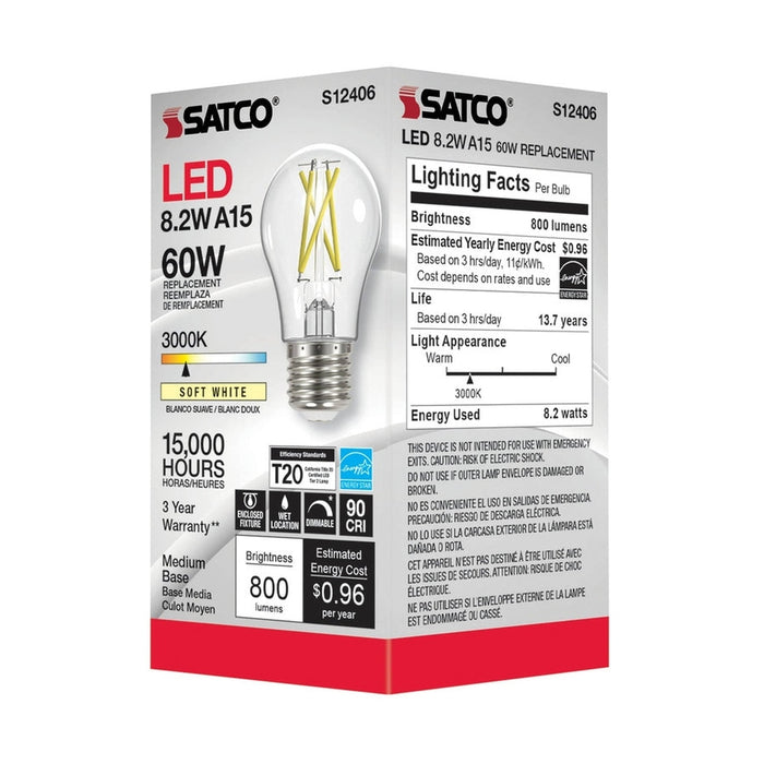 SATCO 8.2 Watt LED A15 - Clear - Medium Base - 3000K - 90 CRI - 120 Volt S12406