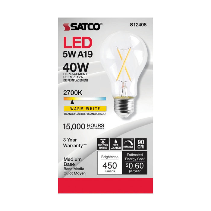 SATCO 5 Watt LED A19 - Clear - Medium Base - 2700K - 90 CRI - 120 Volt S12408