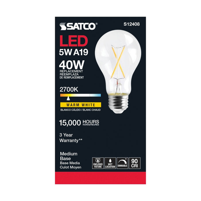 SATCO 5 Watt LED A19 - Clear - Medium Base - 2700K - 90 CRI - 120 Volt S12408