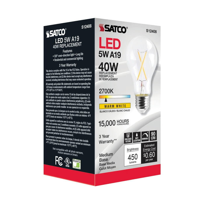 SATCO 5 Watt LED A19 - Clear - Medium Base - 2700K - 90 CRI - 120 Volt S12408