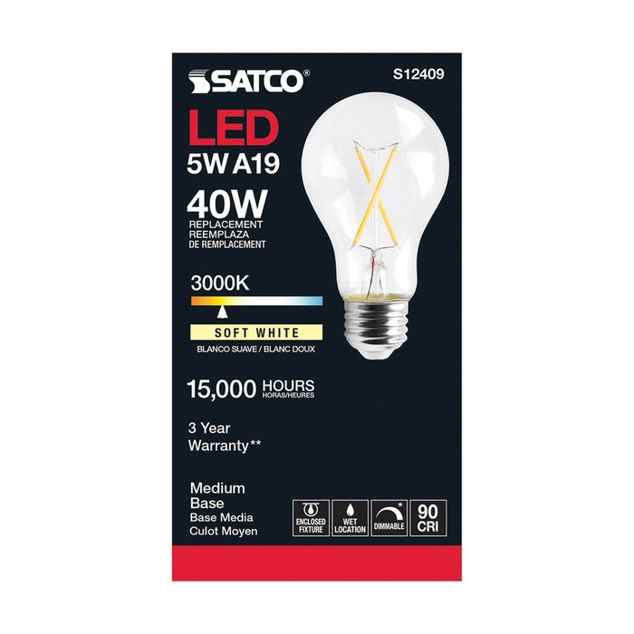 SATCO 5 Watt LED A19 - Clear - Medium Base - 3000K - 90 CRI - 120 Volt S12409