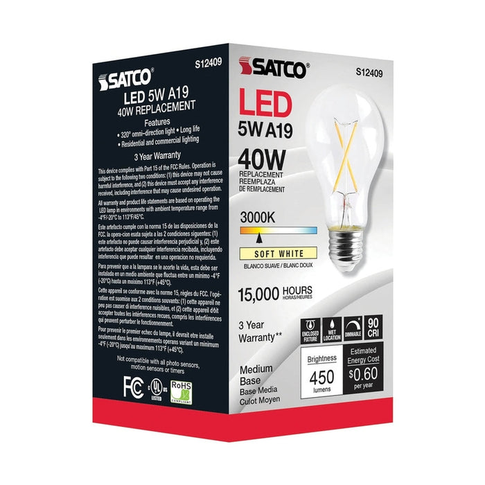 SATCO 5 Watt LED A19 - Clear - Medium Base - 3000K - 90 CRI - 120 Volt S12409