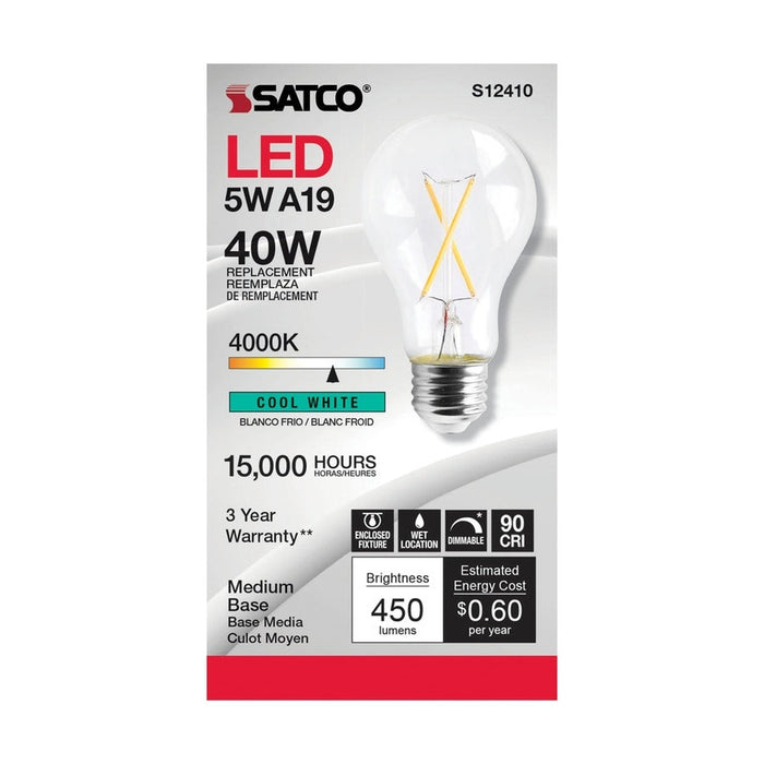 SATCO 5 Watt LED A19 - Clear - Medium Base - 4000K - 90 CRI - 120 Volt S12410