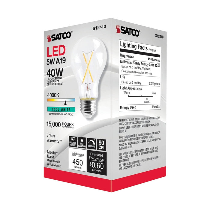 SATCO 5 Watt LED A19 - Clear - Medium Base - 4000K - 90 CRI - 120 Volt S12410