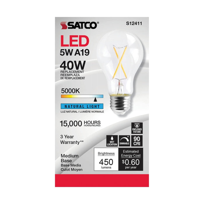 SATCO 5 Watt LED A19 - Clear - Medium Base - 5000K - 90 CRI - 120 Volt S12411