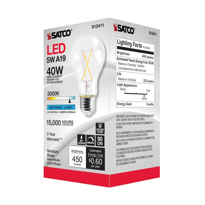 SATCO 5 Watt LED A19 - Clear - Medium Base - 5000K - 90 CRI - 120 Volt S12411