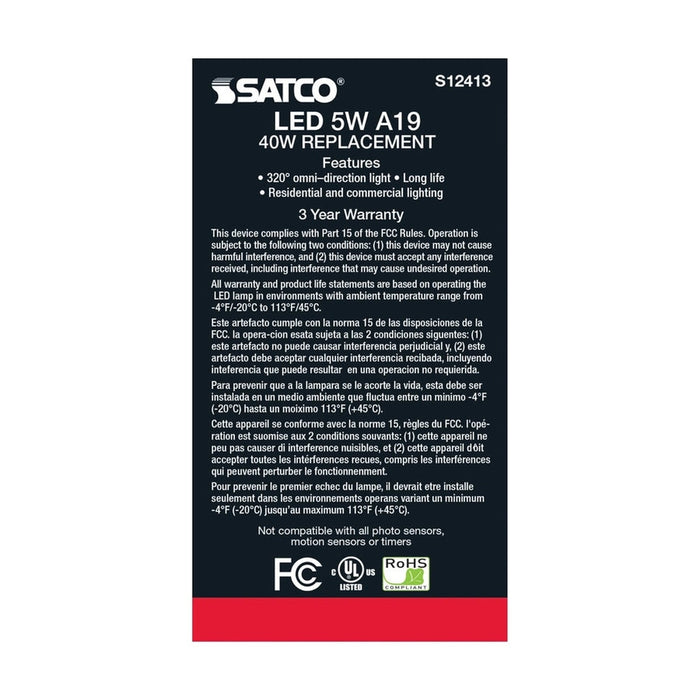 SATCO 5 Watt LED A19 - Soft White - 3000K - Medium base - 90 CRI - 120 Volt S12413