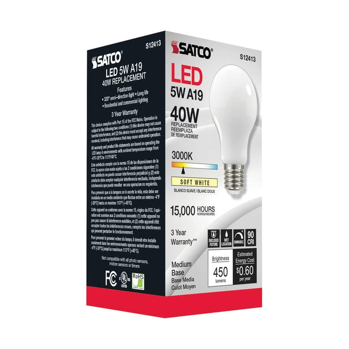 SATCO 5 Watt LED A19 - Soft White - 3000K - Medium base - 90 CRI - 120 Volt S12413