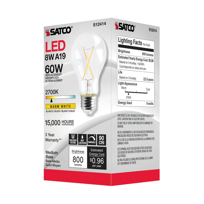 SATCO 8 Watt LED A19 - Clear - Medium Base - 2700K - 90 CRI - 120 Volt S12414