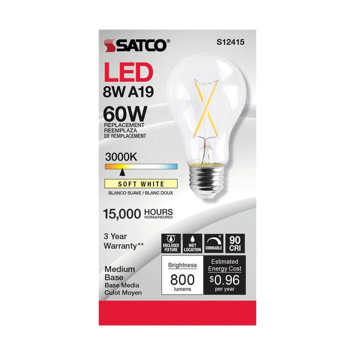 SATCO 8 Watt LED A19 - Clear - Medium Base - 3000K - 90 CRI - 120 Volt S12415