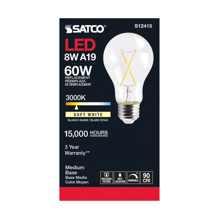 SATCO 8 Watt LED A19 - Clear - Medium Base - 3000K - 90 CRI - 120 Volt S12415