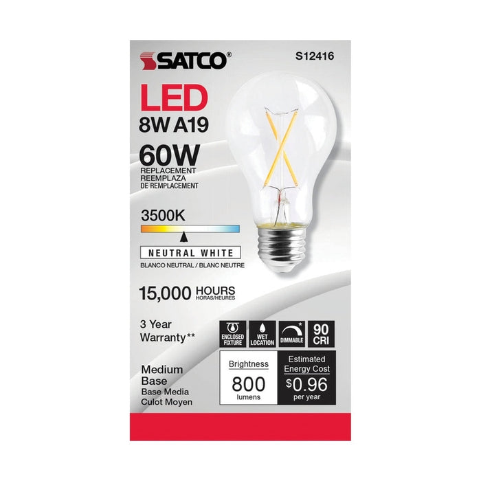 SATCO 8 Watt LED A19 - Clear - Medium Base - 3500K - 90 CRI - 120 Volt S12416