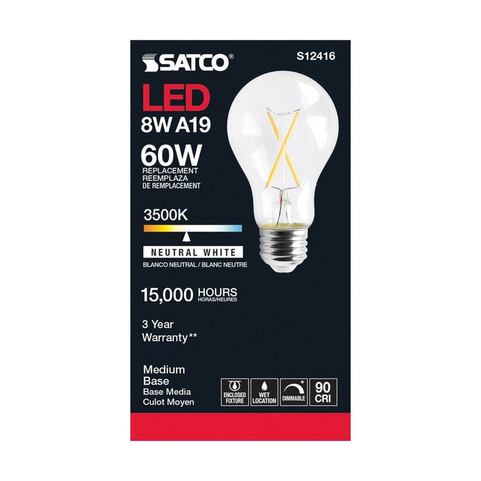 SATCO 8 Watt LED A19 - Clear - Medium Base - 3500K - 90 CRI - 120 Volt S12416