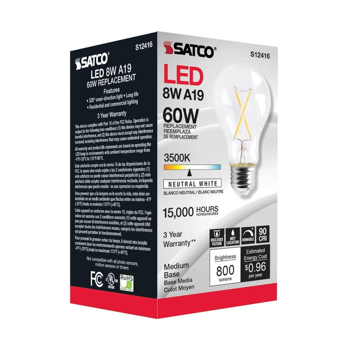 SATCO 8 Watt LED A19 - Clear - Medium Base - 3500K - 90 CRI - 120 Volt S12416