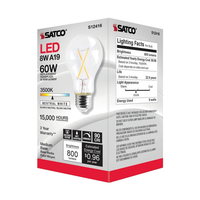 SATCO 8 Watt LED A19 - Clear - Medium Base - 3500K - 90 CRI - 120 Volt S12416