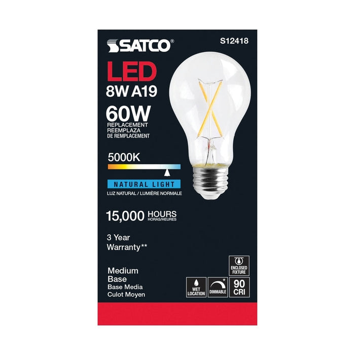 SATCO 8 Watt LED A19 - Clear - Medium Base - 5000K - 90 CRI - 120 Volt S12418