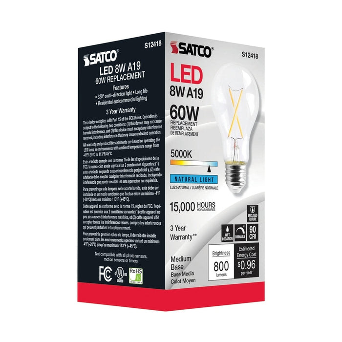 SATCO 8 Watt LED A19 - Clear - Medium Base - 5000K - 90 CRI - 120 Volt S12418