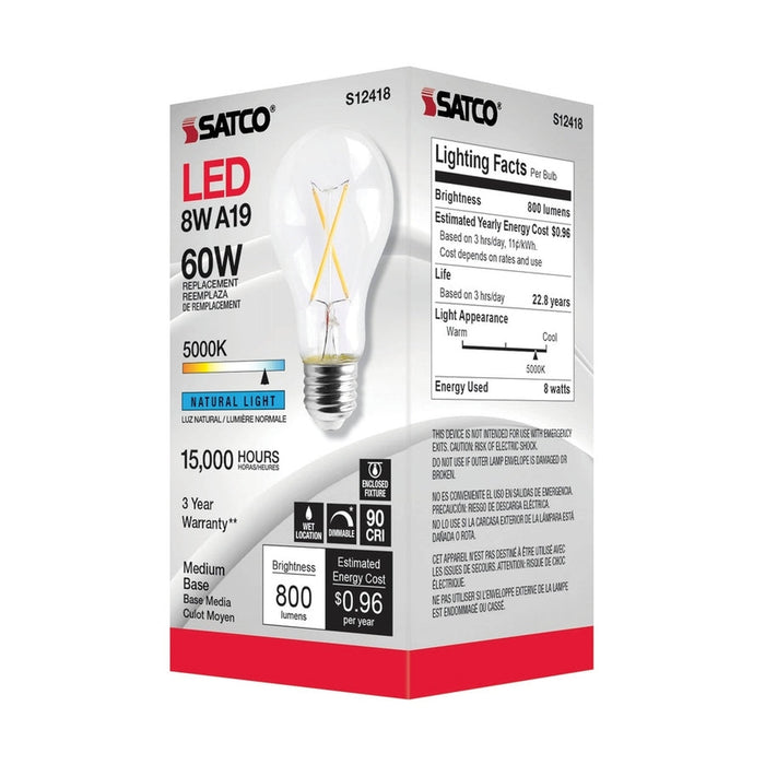 SATCO 8 Watt LED A19 - Clear - Medium Base - 5000K - 90 CRI - 120 Volt S12418