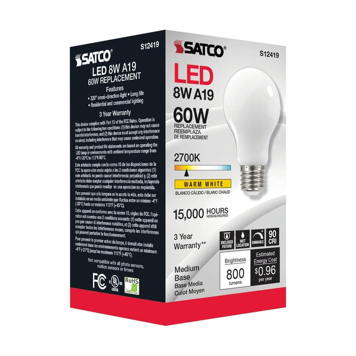 SATCO 8.2 Watt LED A19 - Soft White - Medium Base - 2700K - 90 CRI - 120 Volt S12419